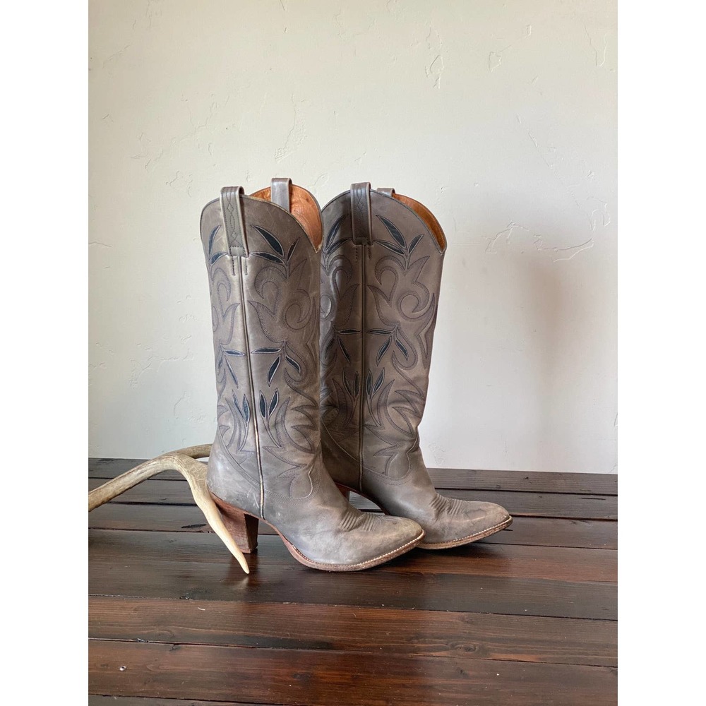 Size 5 | 70's Dan Post Tall Gray Leather Inlay Flower Cowboy Boots Made in Spain